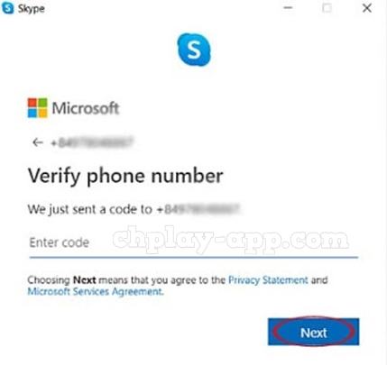 nhập mã đăng ký tạo tài khoản skype